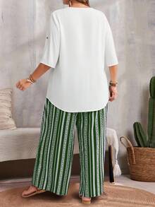 EMERY ROSE Plus Size Casual Solid Color Shirt And Striped Pants 2 Pieces Set - White - View 2
