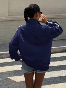 SHEIN Áo khoác thông thường màu đen cho bé gái mới trở lại trường màu khối tương phản màu sắc thường ngày - Màu xanh hải quân - Xem 2