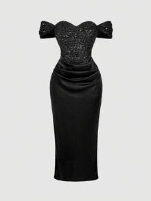 SHEIN MOD Plus Size Women's Black Sequin Off-Shoulder Slit Dress ,Back To School,Country Concert Outfit,Homecoming,Boho,Teacher,Birthday Dresses For Women,Wedding Guest Dress,Brunch Outfits For Women, Black Evening Gown, Black Tie Event Dress, Black Dress Classy Elegant, Gowns Glamorous Dress, Sequined Black Dress,Fall Wedding Guest Dress,Black Dresses Classy Elegant, Elegant Dresses For Party ,Long Party Dresses , Prom Dresses For Women