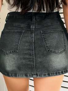 Dazy Plus Plus Size Washed Distressed Denim Wrap Mini Skirt With Built-In Safety Shorts, Spring/Summer Jeans Skirt - Dark Wash - View 2