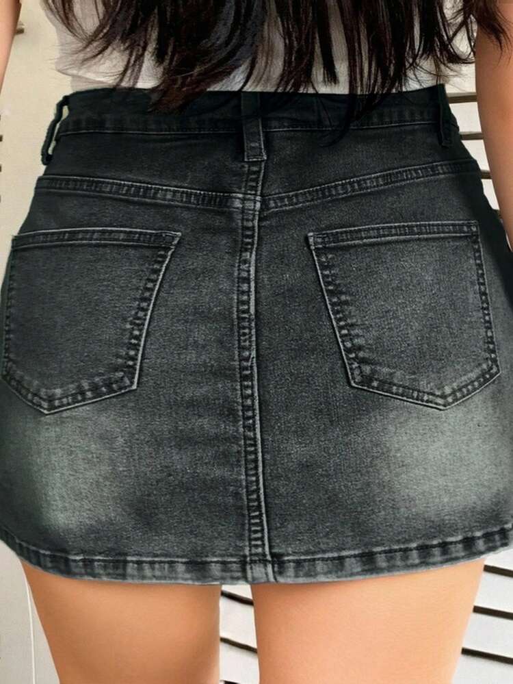Dazy Plus Plus Size Washed Distressed Denim Wrap Mini Skirt With Built-In Safety Shorts, Spring/Summer Jeans Skirt