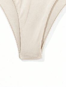 Swim Basics Summer Beach Ribbed Bikini Set Drawstring Side Bandeau Top & Tie Side Bottom 2 Piece Bathing Suit - Apricot - View 6