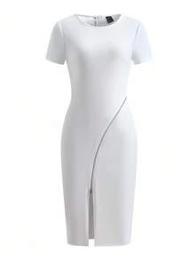 Ellevyn 优雅女士冬季黑色短袖拼接PU皮革拉链开衩紧身连衣裙 - 白色 - 查看 6