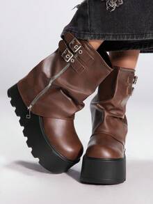 Sugerpunk 2025秋冬新款圆头厚底朋克风格扣带裤腿设计皮革户外时尚一脚蹬中筒靴 - 棕色 - 查看 2