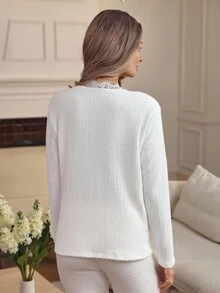 Louniche Women's Solid Color Velvet V-Neck Lace Patchwork Long Sleeve T-Shirt, Autumn/Winter - White - View 2