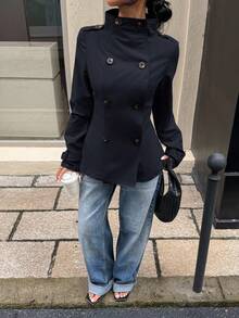 SHEIN EZwear 女式纯色纽扣装饰长袖风衣，秋季 - 藏蓝色 - 查看 4