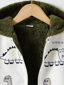 SHEIN 年轻男孩休闲时尚全印花连帽夹克，保暖内衬，拉链开合，秋冬 - 白色 - 查看 6