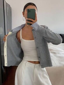 DAZY 女式撞色条纹拼布二合一休闲开衫 - 灰色 - 查看 2