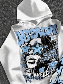 SHEIN 2 件套青少年男孩休闲经典星星印花、时尚文字和肖像图案连帽运动衫和喇叭裤，适合秋冬季、Y2K 服装、街头服饰 - 彩色 - 查看 3