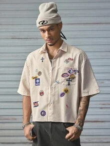 AXEPEAK Men's Cross Stripe Short Sleeve Single-Breasted Casual Shirt