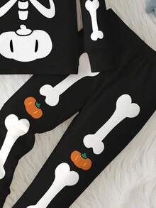 SHEIN Young Boy Casual Minimalist Halloween Spider Cute Cartoon Slim Fit Crew Neck Long Sleeve Pants Thermal Lined Thick Pajamas, Suitable For Autumn/Winter - Multicolor - View 5