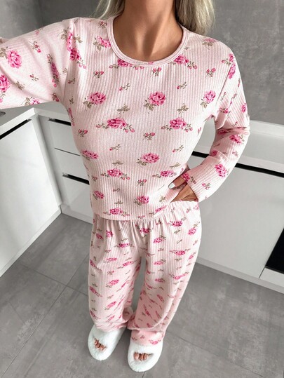 CottonPlus Curve Women 2 Pcs Rib Kint With Floral Pattern Round Neck Long Sleeve Shrit&Pants Homewear Lounge Pajama Set Pajama Pink Floral Pj Set Pajamas Set Two Piece Lounge Wear Set