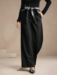 Anewsta Black,Summer,Elegant,Sequin,Party Night Unique 3D Sequins Beaded Wide Waistband Mid-Rise Straight Leg Pants With Pockets,Chic,Christmas,New Year Pants - Black - View 4