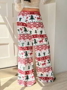 Zielony 女士简约时尚圣诞印花裤，圣诞冬季女士秋冬圣诞图案裤 - 彩色 - 查看 2