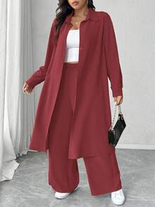 Elenzga 加大码褶皱纹理面料领长袖长衬衫和宽松直筒裤两件套休闲装 - 紅木色 - 查看 8