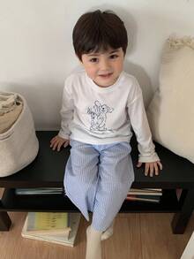 DAZY 2 Stücke Kleinkind Jungen Cartoon Muster Langarm T-Shirt & gestreifte weite Hose Lässig Pyjama Set