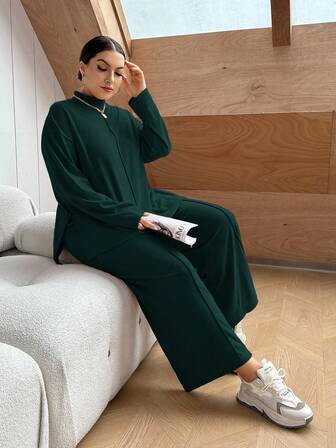 SHEIN Essnce Plus Size Casual Solid Color Side Slit Top And Pants 2 Pieces Set, Autumn