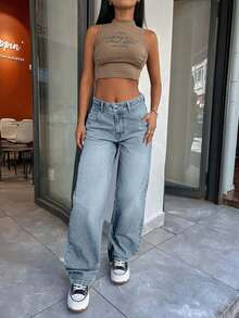 EURMUSE 100%纯棉高腰复古水洗直筒牛仔裤 - 淺色水洗藍 - 查看 5