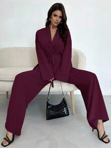 Firerie Chaqueta y pantalones holgados de mujer elegantes y casuales para vacaciones, oficina y uso diario con cuello vuelto, cintura con lazo. Adecuado para otoño y verano