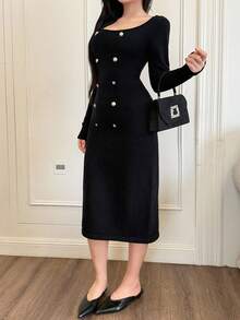 SHEIN LUNE Vintage Solid Color Square Neck Knitted Cinched Waist Versatile Dress, Autumn/Winter - Black - View 6