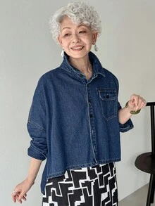 FRIFUL Women's Autumn Dropped Shoulder Long Sleeve Single-Breasted Pocket Casual Loose Denim Jacket Denim Jumper Blue Graphic Shirt Oversized Jean Jacket Cropped Denim Jacket Plus Size Denim Jackets