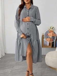 SHEIN 孕妇格子长袖单排扣荷叶边下摆休闲哺乳功能衬衫裙，秋季 - 黑與白 - 查看 1