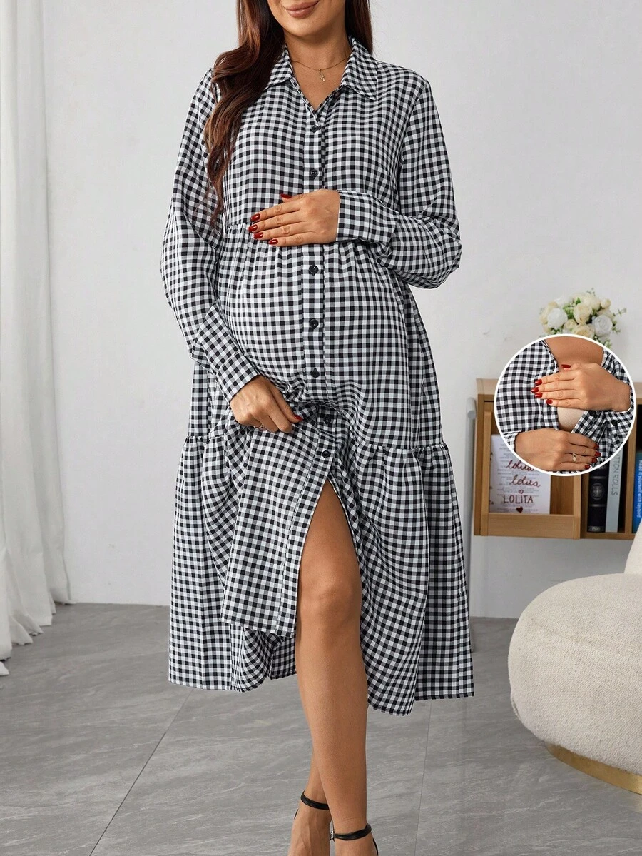 SHEIN 孕妇格子长袖单排扣荷叶边下摆休闲哺乳功能衬衫裙，秋季 - 黑與白 - 查看 1