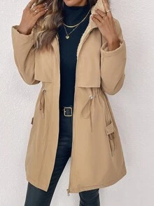 SHEIN Clasi 女款優雅收腰人造毛領連帽加厚棉襖外套，修身顯瘦，適合日常穿著，秋冬款 - 卡其色 - 查看 12