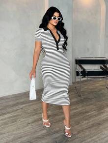 SHEIN SXY 女士休闲简约时尚通勤风格短袖黑白条纹 Polo 衫连衣裙，针织高弹修身中长连衣裙，法式优雅连衣裙 - 黑色 - 查看 3