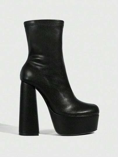 CUCCOO SZL Women's Black Square Toe Chunky Heel Waterproof Platform Elastic Minimalist Style Party Side Zipper Ankle Boots And Short Boots