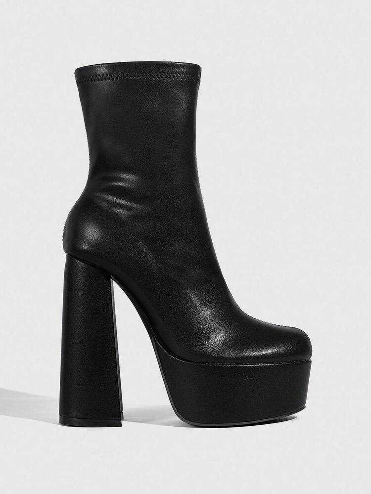 CUCCOO SZL Bottes de cheville pour femmes à bout carré, talon épais, plateforme imperméable, style minimaliste, fermeture éclair latérale, pour les fêtes de Noël