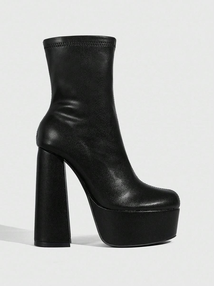 CUCCOO SZL 女士黑色方头粗跟防水厚底弹力简约风派对侧拉链踝靴，适合圣诞节穿着 - 黑色 - 查看 1