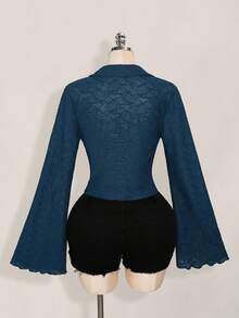 SHEIN ICON ICON PLUS 生菜边不对称下摆透视上衣（无胸罩）大码衬衫 - 1891，Y2k - 藏蓝色 - 查看 2