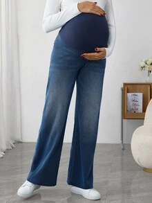 SHEIN 可调节腰部宽腿宽松孕妇牛仔裤 - 深色水洗藍 - 查看 4