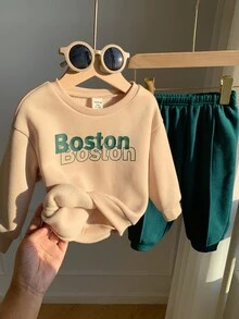 SHEIN 2 件套男婴/女婴可爱圣诞绿色休闲字母图案印花运动衫和慢跑裤运动服，男女通用秋冬婴儿服装，圣诞节 - 彩色 - 查看 7