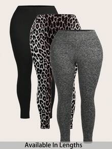 SHEIN Tall CURVE 3pcs/Set Plus Size Solid & Leopard Print Leggings/Yoga Pants, Casual For Autumn/Winter - Multicolor - View 1