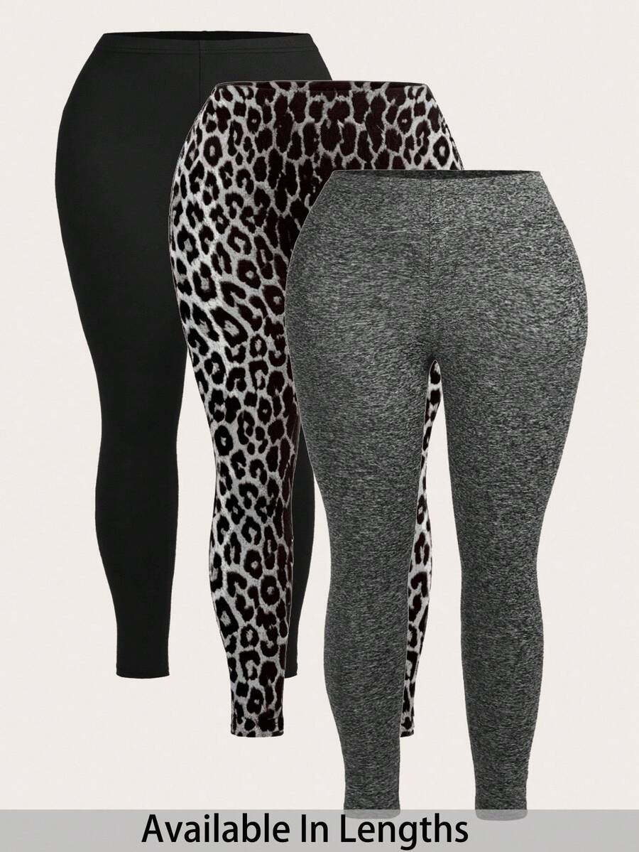 SHEIN Tall CURVE 3pcs/Set Plus Size Solid & Leopard Print Leggings/Yoga Pants, Casual For Autumn/Winter - Multicolor - View 1