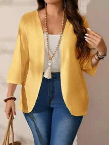 EMERY ROSE 秋季大码女式纯色七分袖休闲开襟夹克 - 黃色 - 查看 4