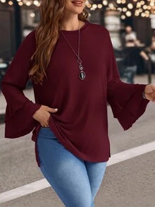 EMERY ROSE Áo thun tay chuông màu tím cỡ lớn cho nữ mùa đông thường ngày xẻ tà bên hông - Đỏ - Xem 3