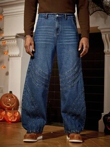 Manfinity Homme Quần jeans ống rộng dáng rộng màu xanh đậm dành cho nam - Rửa trung bình - Xem 4