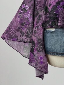 Sunspun Áo cánh tay loe họa tiết hoa hạt điều cổ chữ V xếp nếp chắp vá cỡ lớn dành cho nữ - Nhiều màu - Xem 4