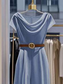 Franclia 女士优雅褶皱宽松阔腿连体裤，简约纯色 - 藍色 - 查看 5