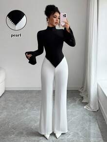 Elenzga Women's Elegant V-Neck Black & White Contrast Pearl Jumpsuit, Suitable For Autumn/Winter, Thanksgiving, Elegant Party, Christmas, New Year - Black and White - View 4
