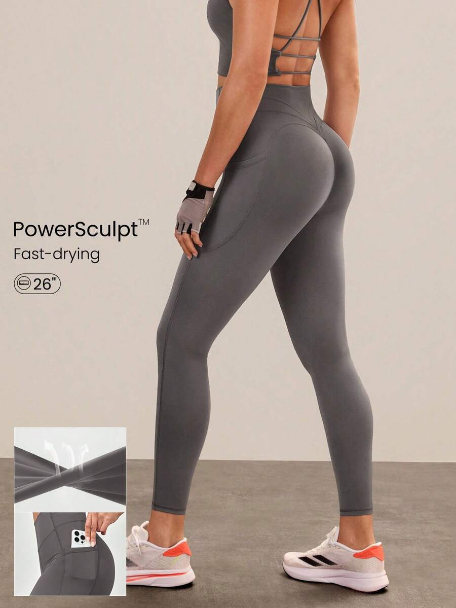 GLOWMODE 26英寸Powersculpt™-Air速干吸汗训练紧身裤，带侧袋，高强度运动跑步训练 - 深灰色 - 查看 1