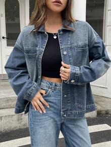 Livesso 女式宽松休闲破洞牛仔夹克和外套，秋冬 - 藍色 - 查看 1