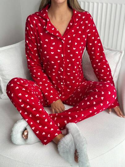 EURMUSE Women 2 Pcs Red Button Front With Heart Pattern Teddy Fabric Detail Long Sleeve Shirt &Long Pants Homewear Casual Comfort Pajama Set
