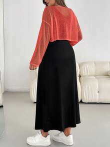 SHEIN Essnce Plus Size Women's Spring And Summer Fashion Casual Loose Comfortable Daily Breathable Light Sun Protection White Long-Sleeved Blouse And Black Vest Long Dress Two Pieces Set,Y2k Clothes,Street Wear,Matching Sets Women,Vacation Outfits Women,European Summer,Airport Outfits