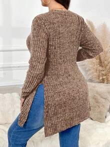 SHEIN Frenchy T-shirt à manches longues décontracté à col rond, manches raglan et côtes avec fente, taille grande - Marron - Voir 6