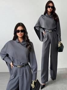 Firerie Women's Elegant Minimalist Urban Chic Charcoal Gray 2-Piece Set,Autumn Scarf Collar 2 In 1 Long Sleeve Shirt And High Waist Pants,Office Fall Outfits - Grey - View 14