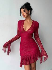 Aloruh Women's Sexy & Elegant Festive Christmas Halloween Bell Sleeve Fitted Lace Mini Dress,Symmetrical Flare Sleeve Fish Tail Maxi Lace Dress, Saudi National Day,Saudi National Day Clothing,Goth Dress,Fall/Winter Dress